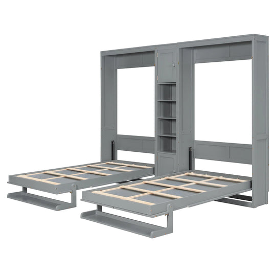 Dual Twin Size Wall Murphy Beds with Cabinets and Shelves, Space-Saving Design