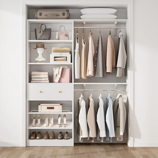 5FT Closet System with 2 Hanging Rods and Wooden Drawer, Walk-In Closet Organizer with 2 Wing Shelve and Adjustable Rack Shelves