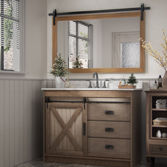 Farmhouse Barn Door Solid Wood Frame Bathroom Vanity Wall Mirror