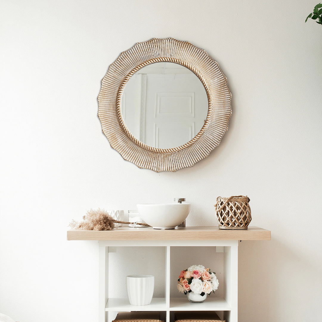 30" Bohemian Beige round Wooden Decorative Bathroom Vanity Wall Mirror