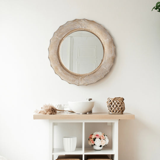 30" Bohemian Beige round Wooden Decorative Bathroom Vanity Wall Mirror