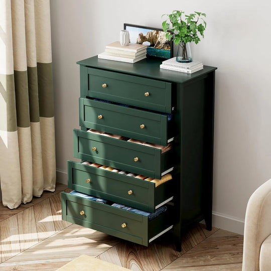 Modern Bedroom Nightstand with 5 Drawers & Metal Handles - Multifunctional Storage Cabinet,Easy Assembly for Living Room