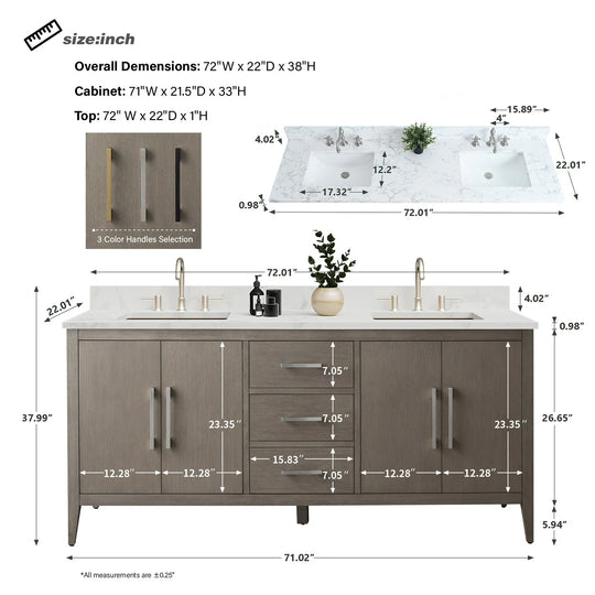 72" Double Sink Bathroom Vanity Cabinet with Engineered Marble Top