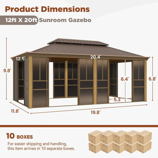 Outdoor Hardtop Sunroom Gazebo with Double Roof & Sliding Doors, All-Season Aluminum Outdoor Pergola, PE Screens&Lockable Design