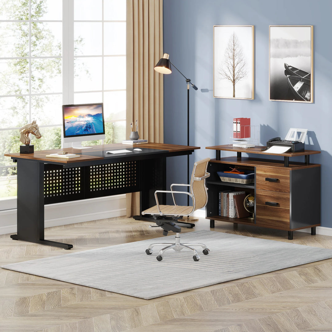 63 Inch Executive Desk with File Cabinet, Large Office Desk L Shaped Desk