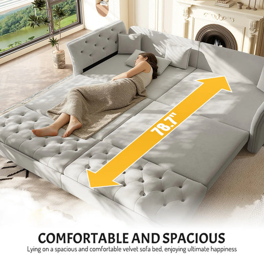 100" Velvet Convertible Sofa Bed with with Fabric Flower Tufted Design