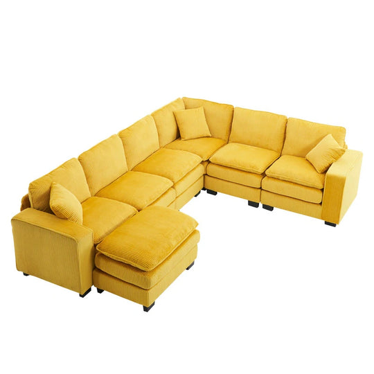 Modern U-Shaped 6-Seater Sectional Sofa with One Footstool