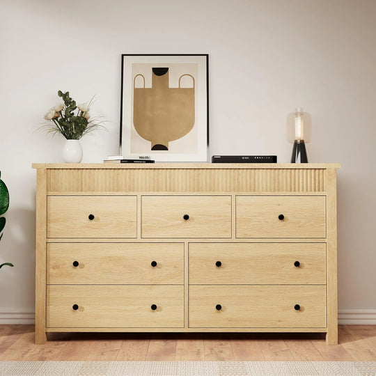 7 Drawer Dresser for Bedroom, 54 in Wide Modern Fluted Chest of Drawers, Wooden Storage & TV Stand, Natural Oak