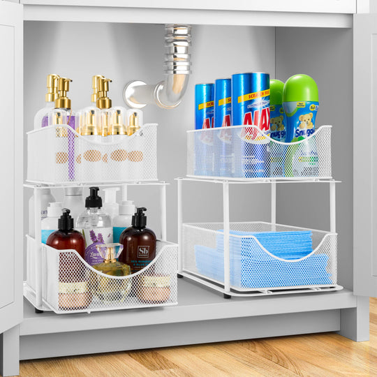 2 Tier under Sink Bathroom Organizers and Storage (2 Pack) - 14" L X 9.3" W X 12.25" H