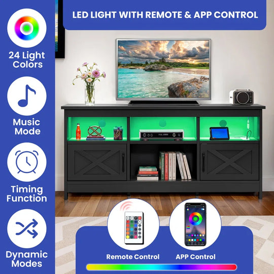 Mercato Modern Farmhouse TV Stand Media Console Media Center with LED Light and Charging Station