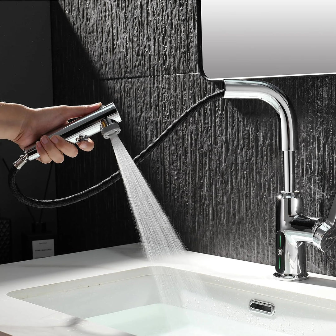Single Hole Liftable Bathroom Faucet with Temperature Display in Fahrenheit, 3 Water Modes, BF2501