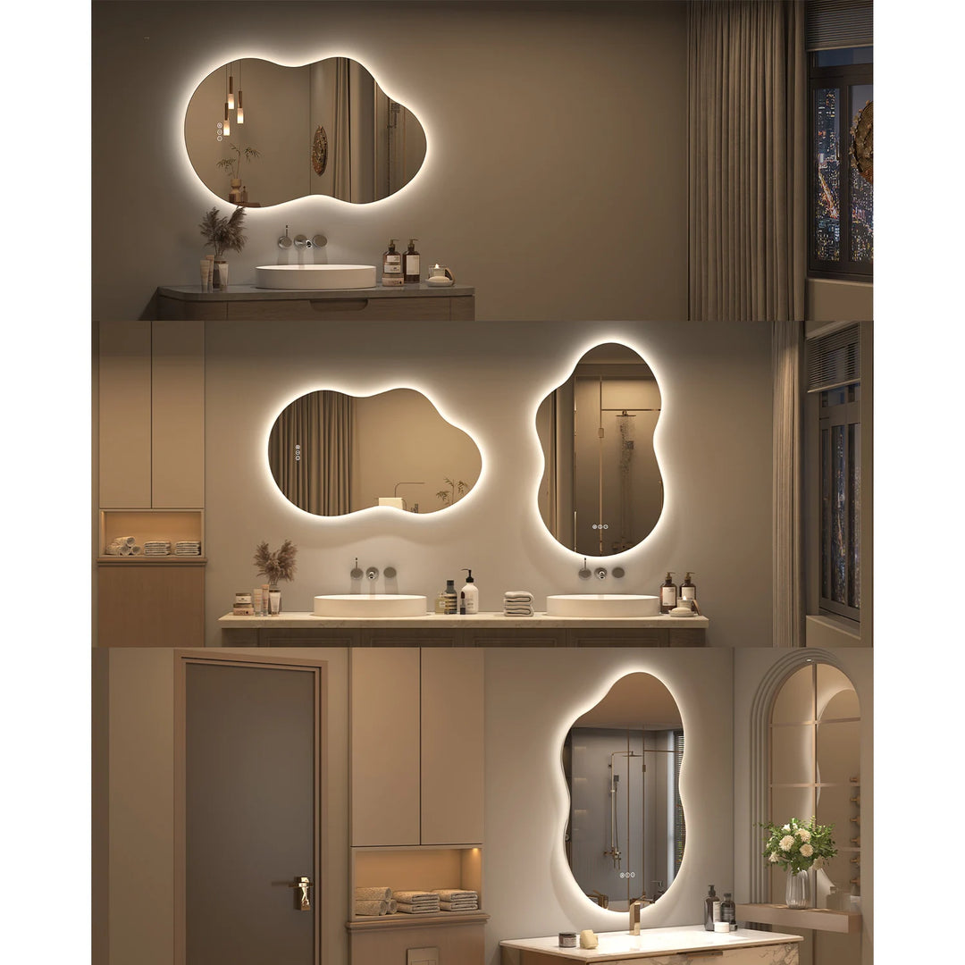 Frameless Irregular LED Anti-Fog Bathroom Vanity Mirror, Asymmetrical Backlit Wall Mirror