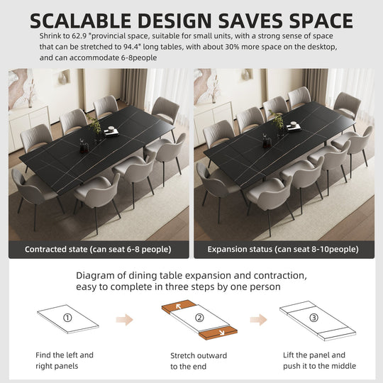 Glossy Slate 63"-95" Extendable Rectangle Dining Table - 94.4"W X 35.4"D X 29.5"H