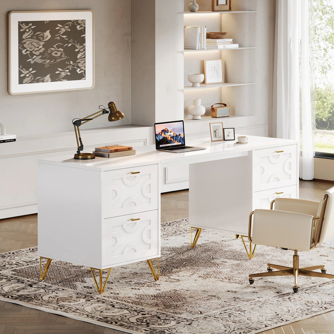 White Computer Desk with File Drawers, 59'' Modern Home Office Desk