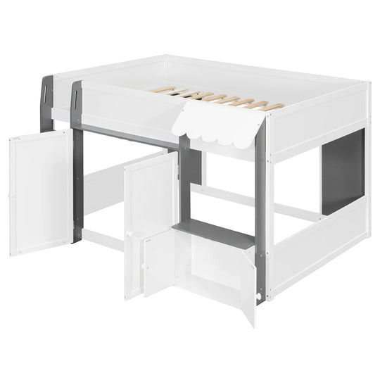 Full Loft House Bed with Playhouse Storage Modern Wood Cabin Bed for Kids