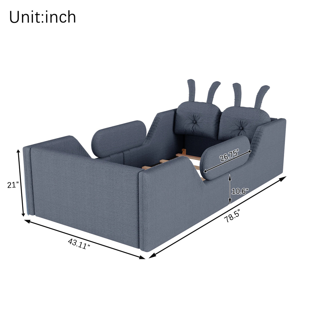 Twin Size Upholstered Platform Bed with Rabbit Cushion, Floor Upholstered Bed with Removable Side Rails