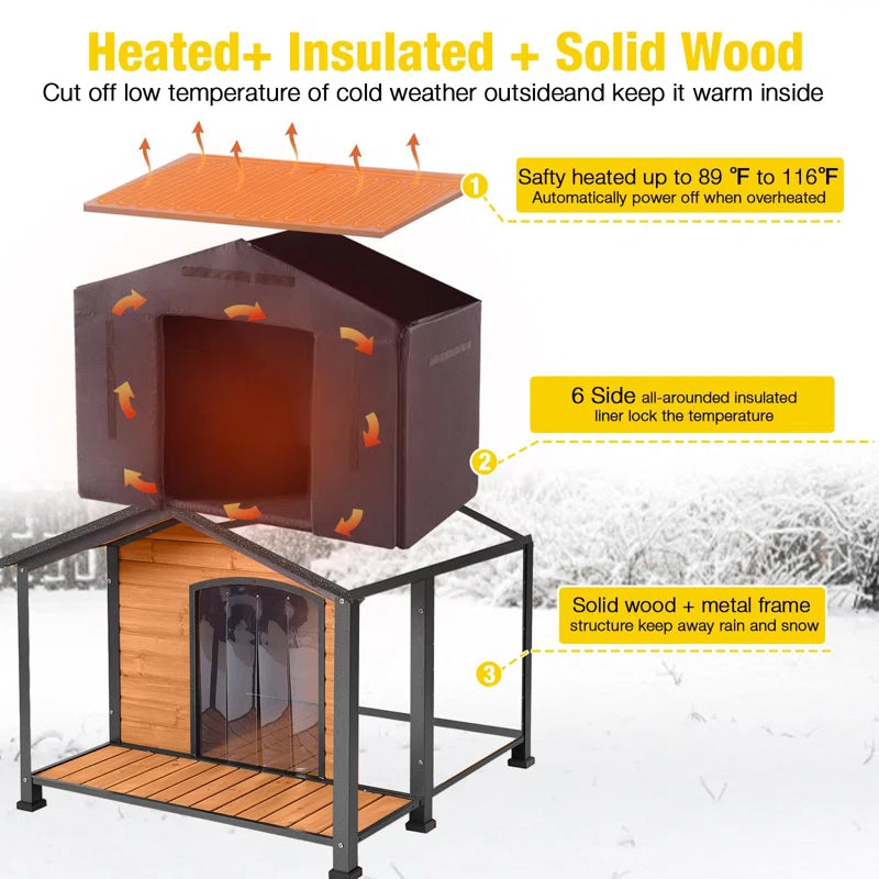 Large Outdoor Heated Dog House with Heating Pad & Insulated Liner, Iron Frame Insulated Dog Kennel for Winter, Anti-Chewing