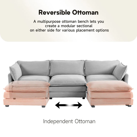 Corduroy Sectional Sofa with Removable Ottomans & Ultra-Soft Cushions for Living Room & Bedroom