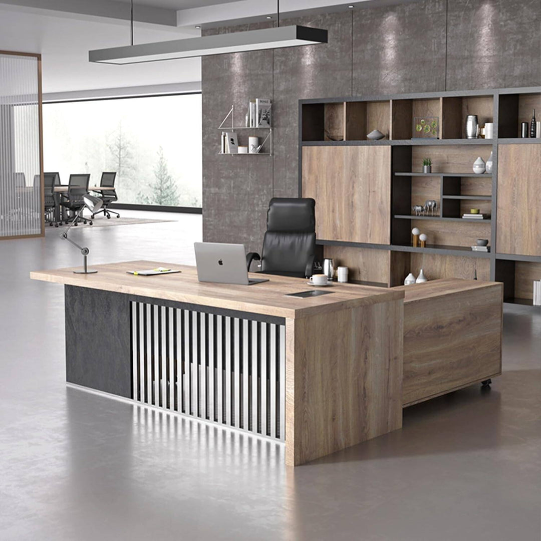 WESOME L-Shaped Executive Office Desk with 2 Drawers 4 Wheels File Cabinets Cable Management