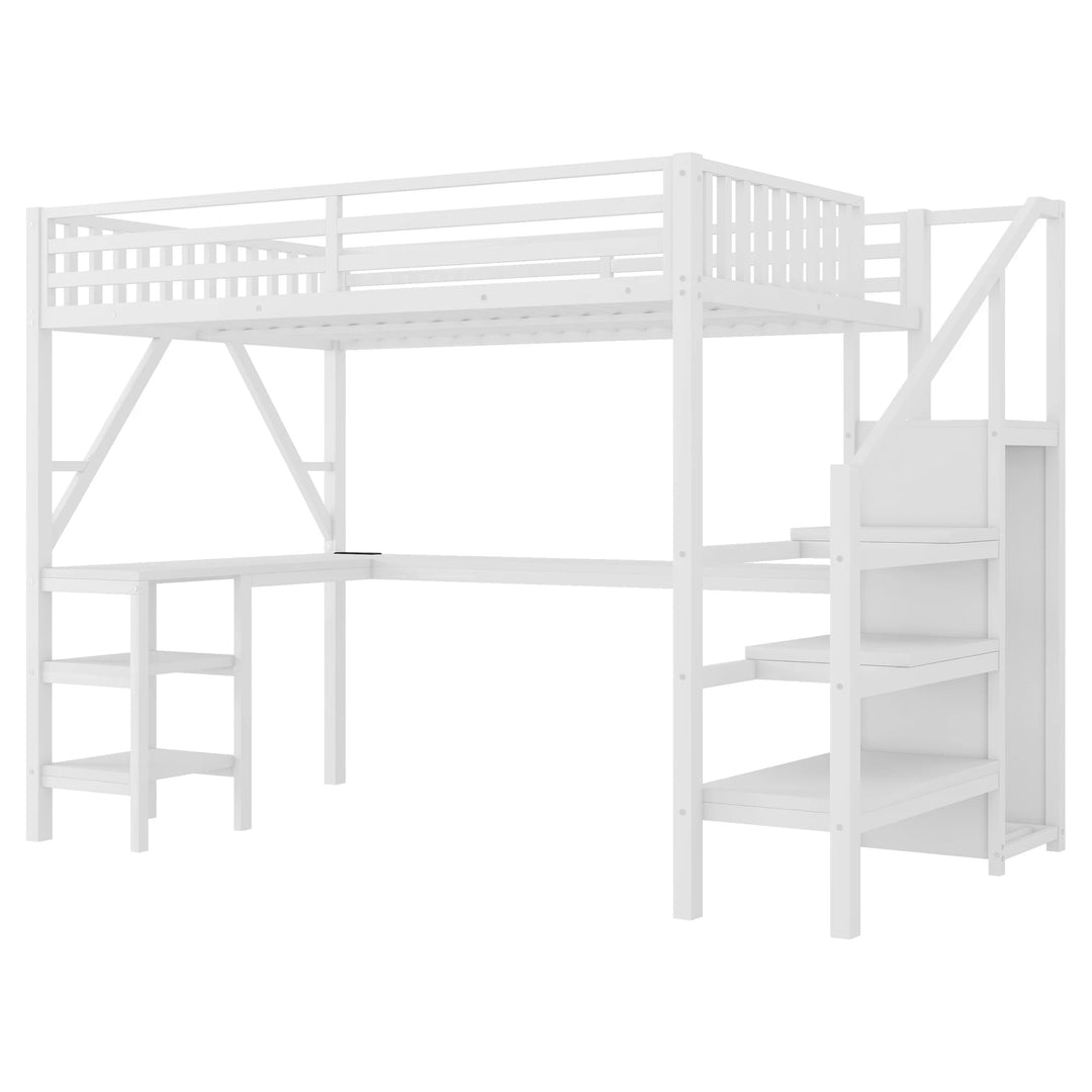 Metal Full Loft Bed with Wardrobe and LED Light, Full Size Loft Bed with L Shaped Desk and USB for Kids Teens Adults