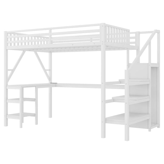 Metal Full Loft Bed with Wardrobe and LED Light, Full Size Loft Bed with L Shaped Desk and USB for Kids Teens Adults