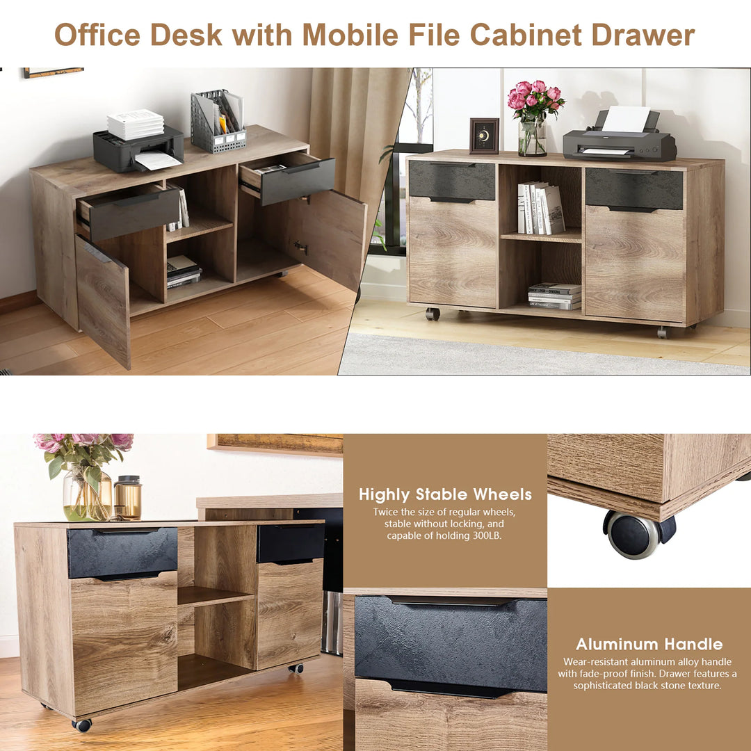 WESOME L-Shaped Executive Office Desk with 2 Drawers 4 Wheels File Cabinets Cable Management