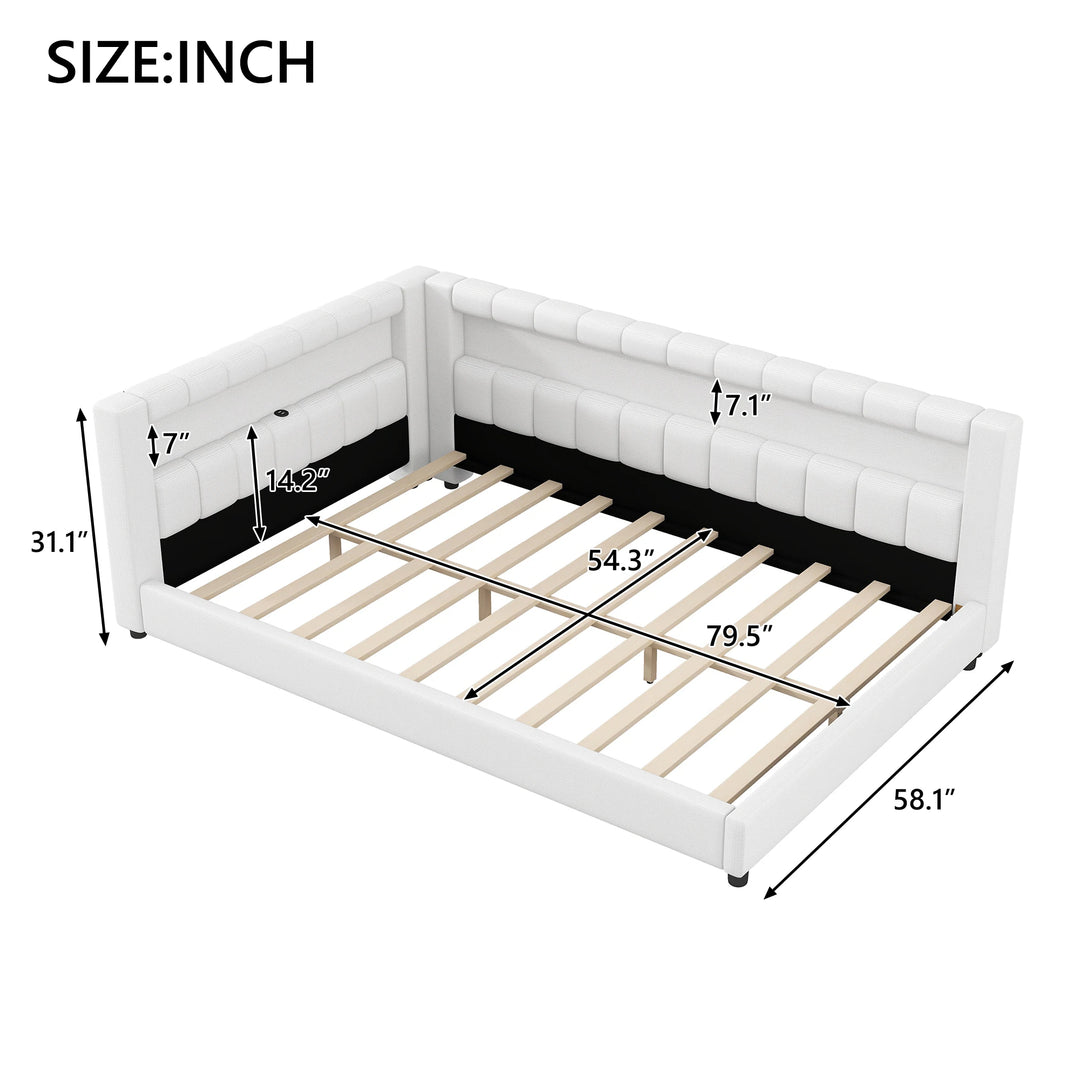 Upholstered Low-Profile Daybed Platform Bed Built-In USB Ports and LED Light Belt, Grounded Design with Padded Backrest