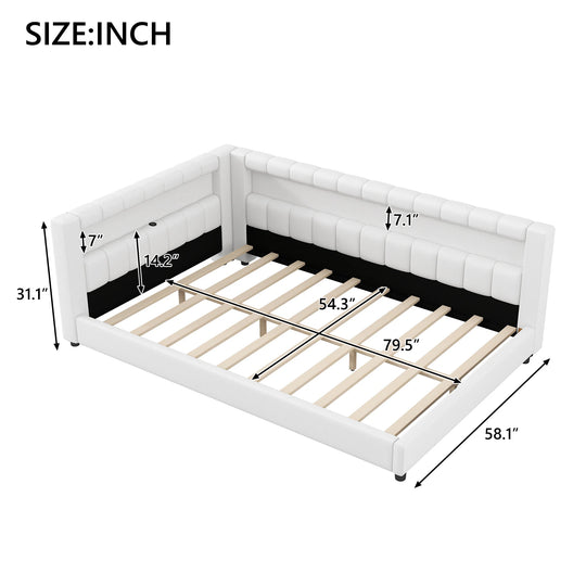 Upholstered Low-Profile Daybed Platform Bed Built-In USB Ports and LED Light Belt, Grounded Design with Padded Backrest