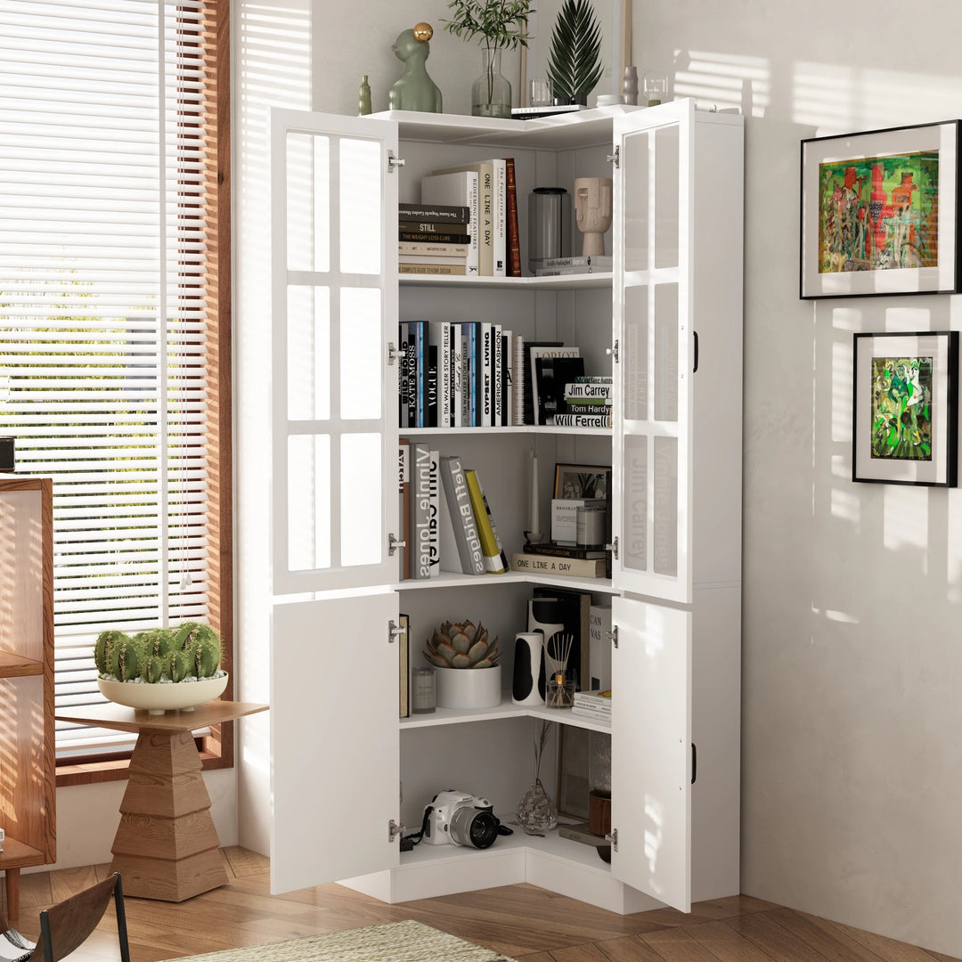78.7"H Combo Buffet Sideboard White Curio Bookcase Cabinet Glass Door