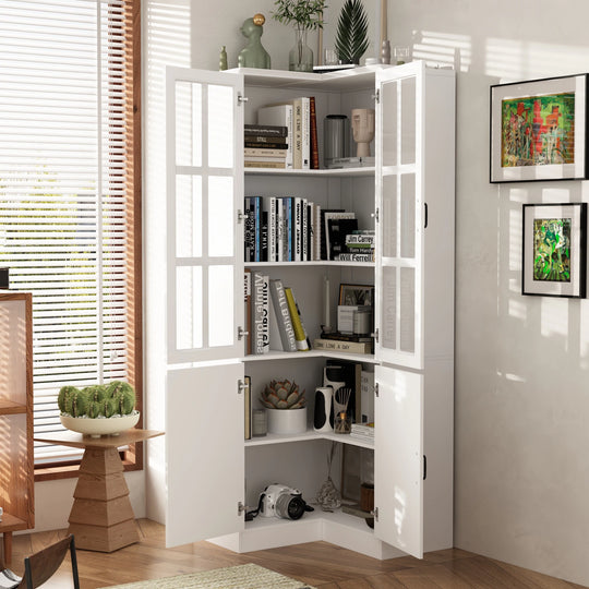 78.7"H Combo Buffet Sideboard White Curio Bookcase Cabinet Glass Door