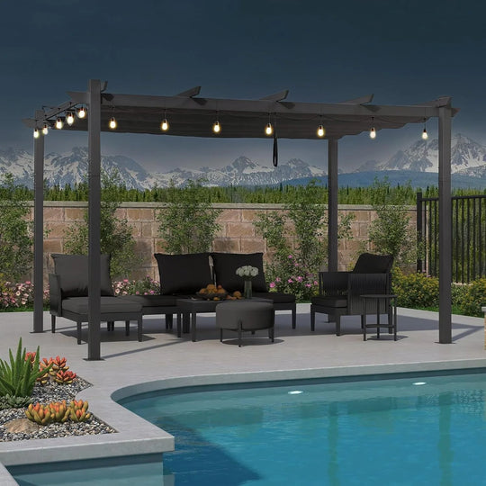 Gazebo Outdoor Retractable White Heavy-Duty Aluminum Pergola with Extra Top Roof