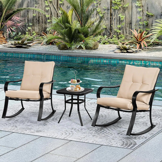 3 Piece Outdoor Conversation Set Patio Bistro Set Rocking Chairs with Coffee Table