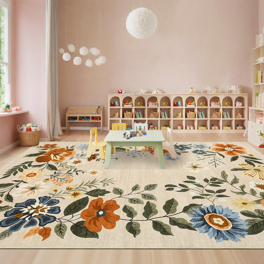 Floral Rugs Modern Indoor Soft Ultra-Thin Carpet Low Pile Flower Print Non Slip Throw Rug for Nursery Bedroom