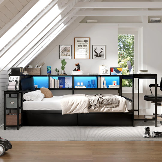 Corner Bed Frame Full Size with Bookcase Two Underbed Storage Drawers LED