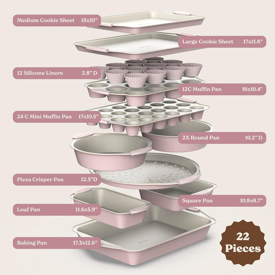 Nonstick Stackable Bakeware Set - Durable, Easy Release Baking Set- 22 Pc. Includes Silicone Muffin Cups