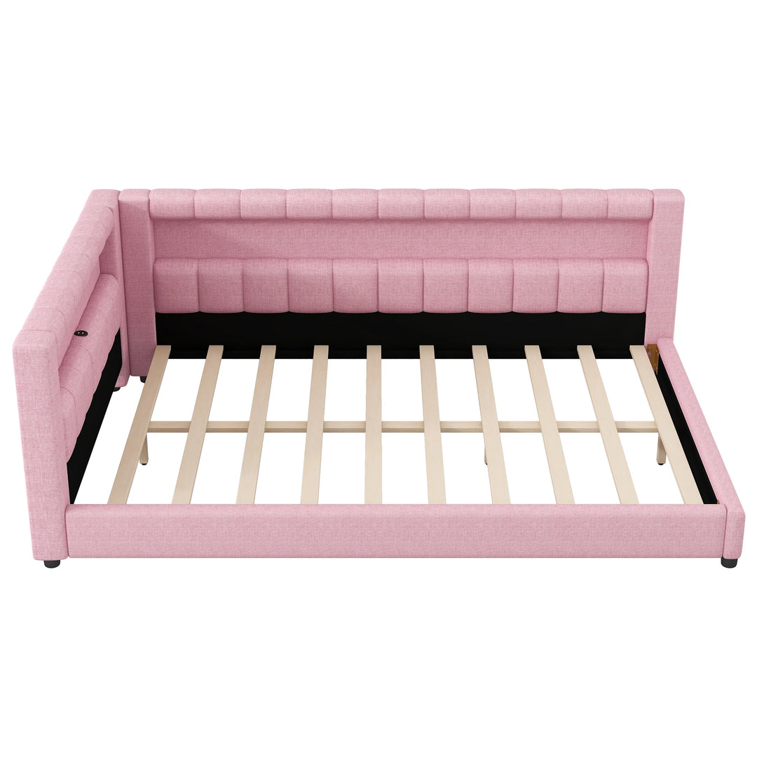 Upholstered Low-Profile Daybed Platform Bed Built-In USB Ports and LED Light Belt, Grounded Design with Padded Backrest