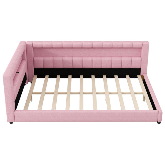 Upholstered Low-Profile Daybed Platform Bed Built-In USB Ports and LED Light Belt, Grounded Design with Padded Backrest