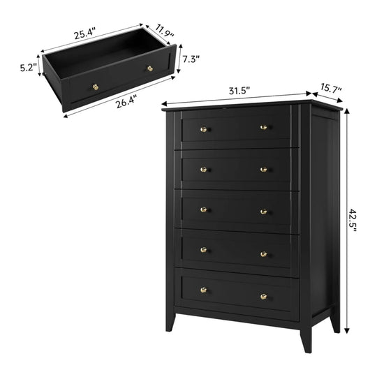 Modern Bedroom Nightstand with 5 Drawers & Metal Handles - Multifunctional Storage Cabinet,Easy Assembly for Living Room