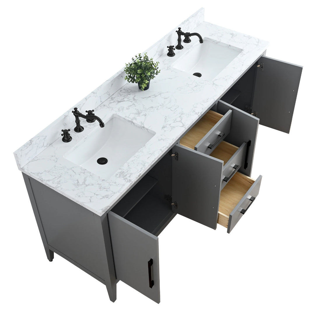 72" Double Sink Bathroom Vanity Cabinet with Engineered Marble Top