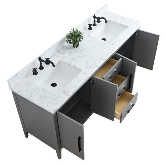 72" Double Sink Bathroom Vanity Cabinet with Engineered Marble Top