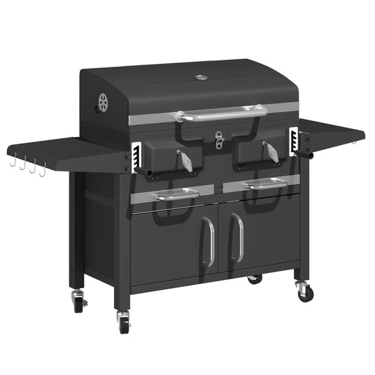 37.8" Dual Zone Charcoal Bbq Grill with Adjustable Charcoal Trays and 2 Foldable Side Table