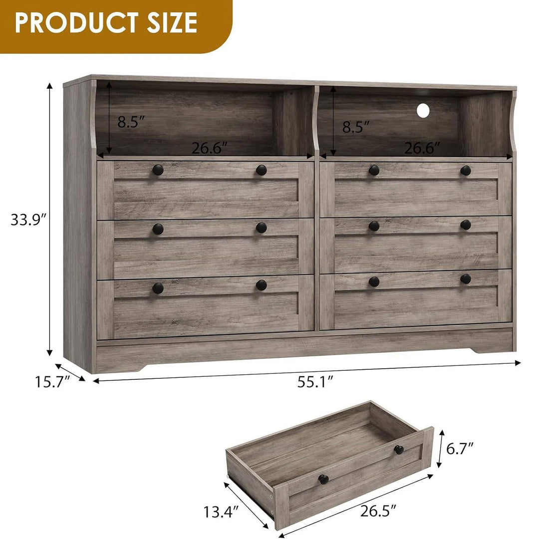 Modern 6 Drawer Dresser for Bedroom with Power Outlet and LED Light