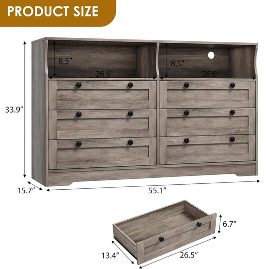 Modern 6 Drawer Dresser for Bedroom with Power Outlet and LED Light