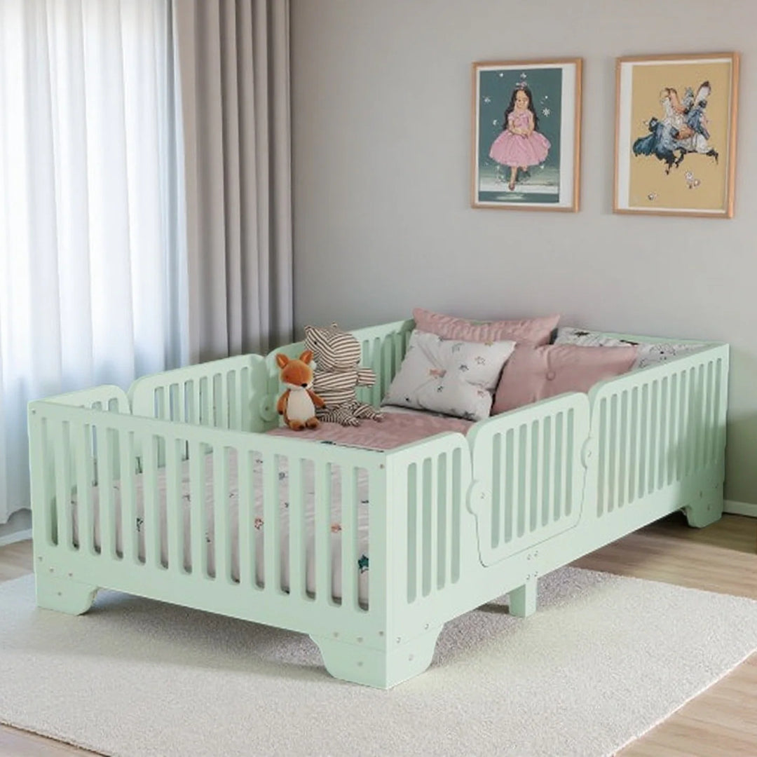 Full Size Montessori Floor Bed Frame with Safety Rails and Removable Door, Low Profile Kids Bed with Slatted Support