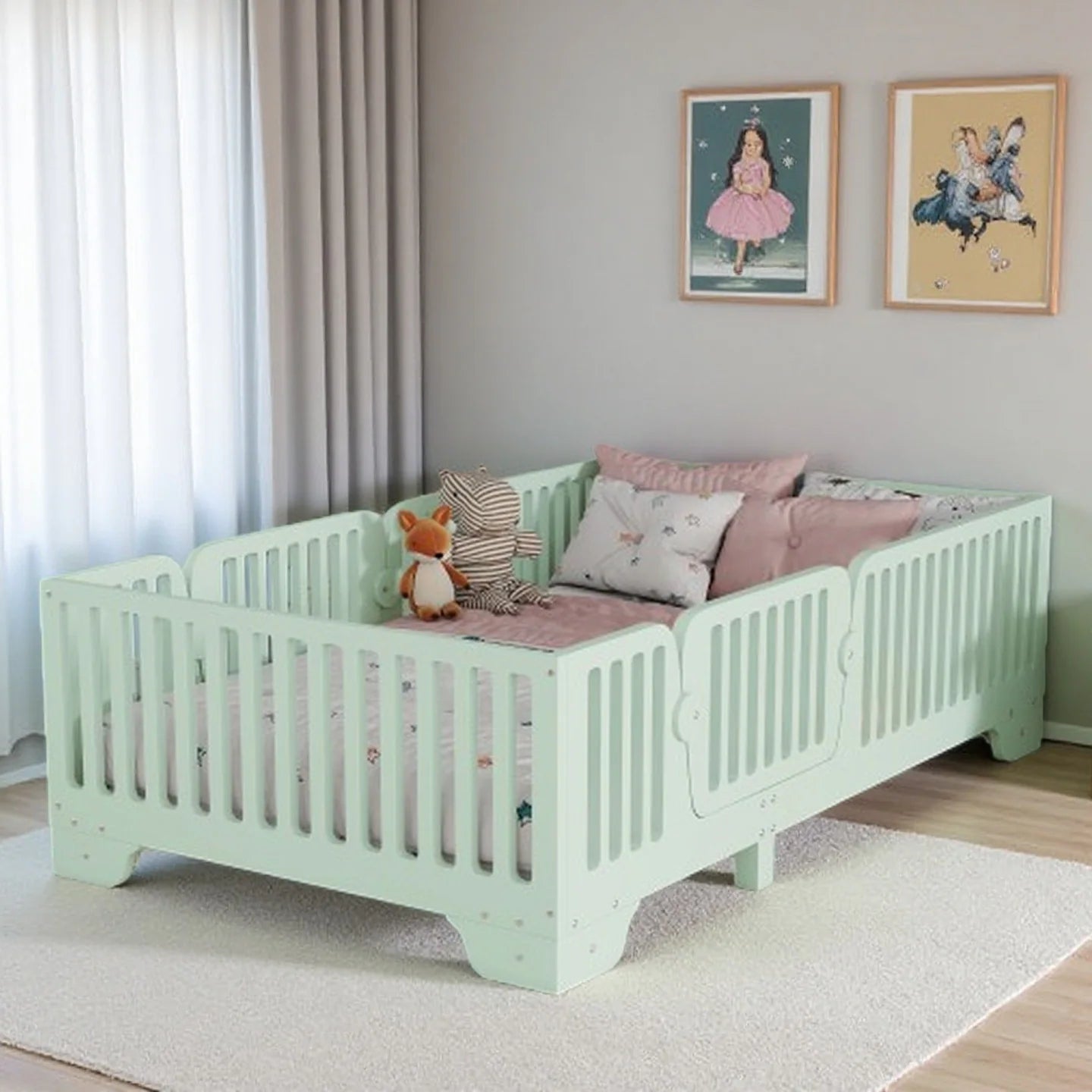 Full Size Montessori Floor Bed Frame with Safety Rails and Removable Door, Low Profile Kids Bed with Slatted Support