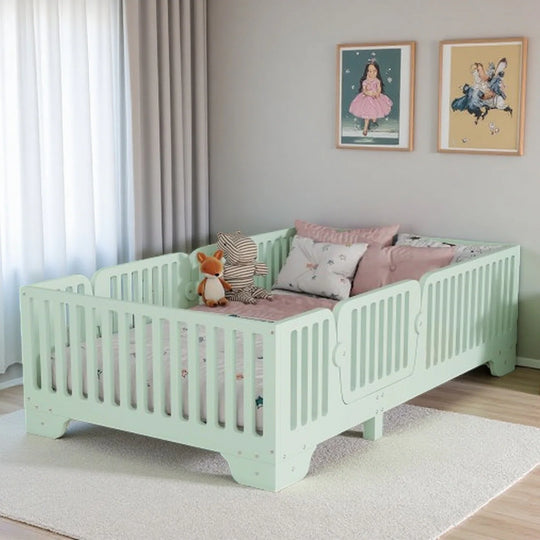 Full Size Montessori Floor Bed Frame with Safety Rails and Removable Door, Low Profile Kids Bed with Slatted Support