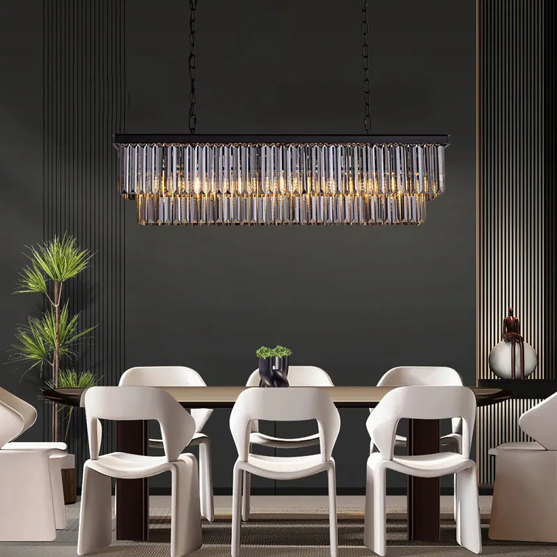 47 In. Smoked Gray and Black Modern Contemporary Crystal Chandelier 2-Tier Linear Kitchen Island Pendant Light for Dining Room