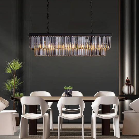 47 In. Smoked Gray and Black Modern Contemporary Crystal Chandelier 2-Tier Linear Kitchen Island Pendant Light for Dining Room
