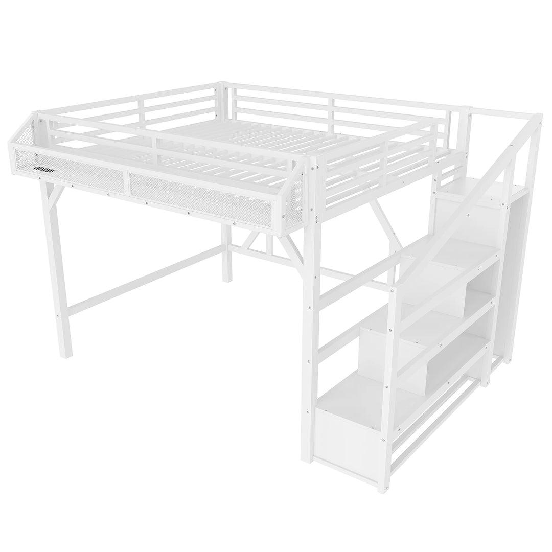 Queen Metal Loft Bed with Storage Stairs, Built-In Wardrobe & Shelves, USB Ports, LED Lights, Noise-Reduced Design