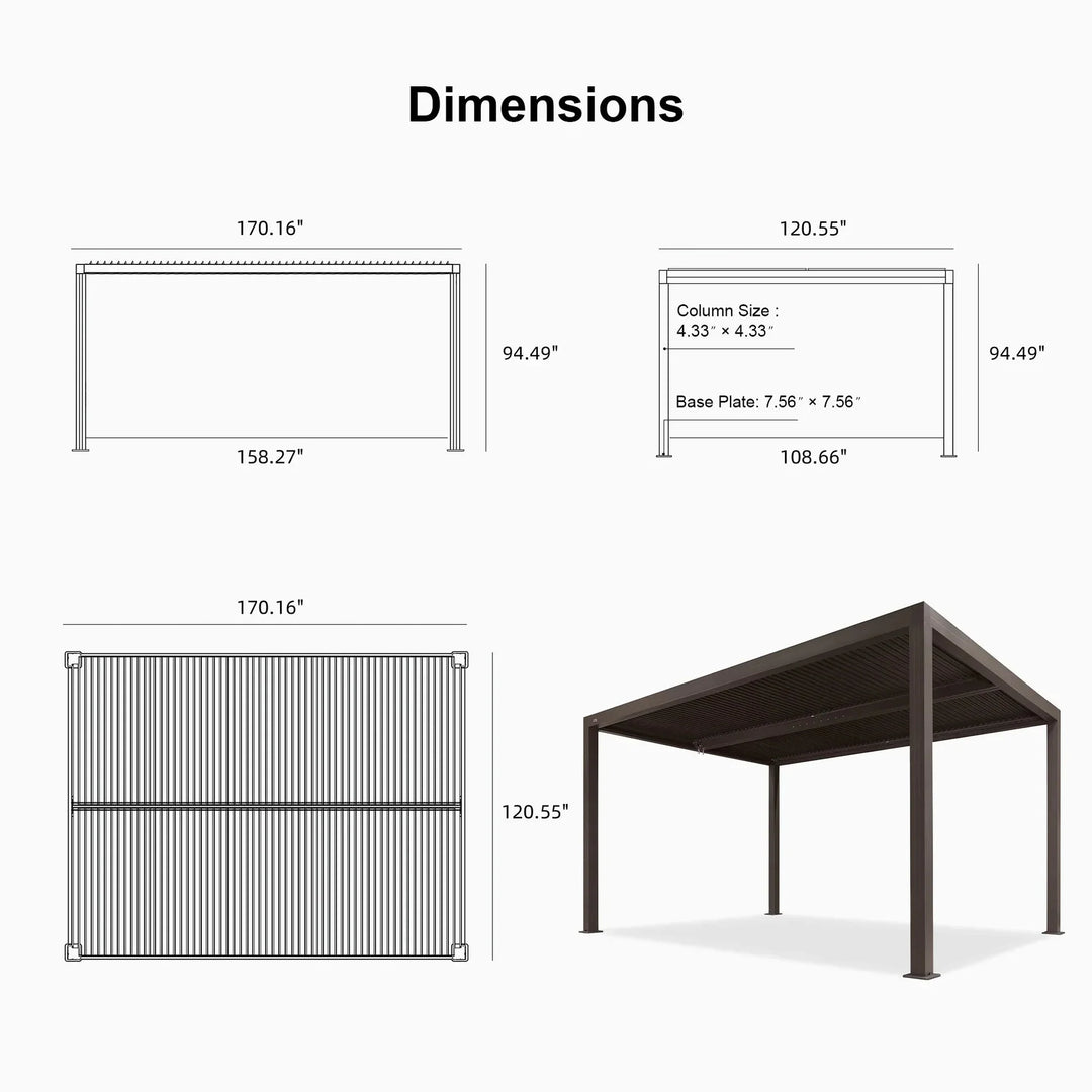 Bronze Louvered Pergola with Adjustable Roof for Deck Backyard Garden Hardtop Gazebo